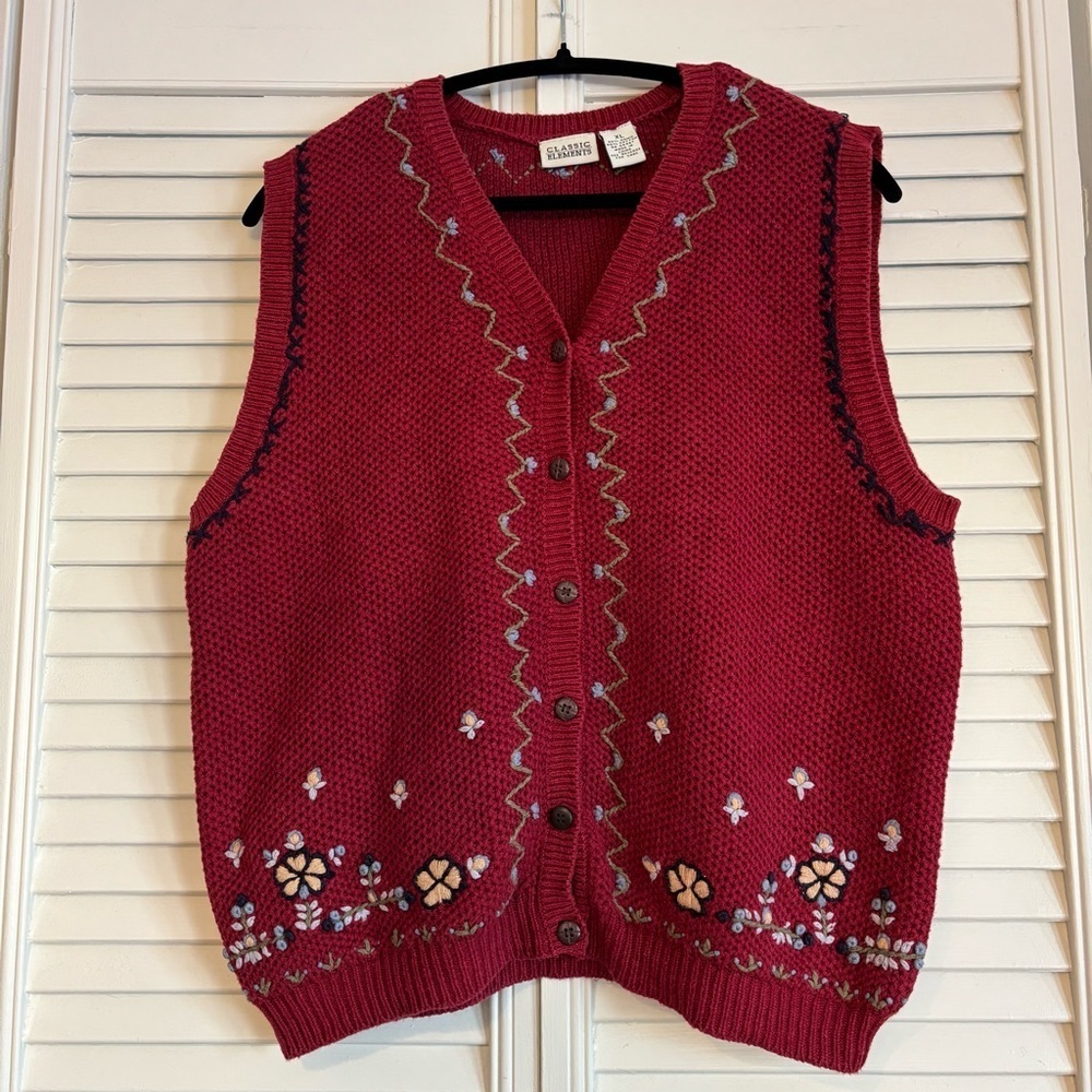 Vintage 90s Embroidered Sweater Vest Floral Cottagecore Grannycore XL